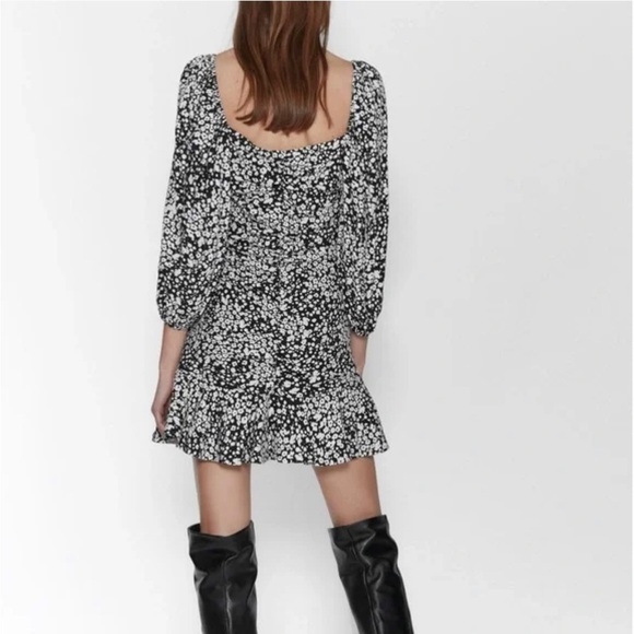 Zara Ruffle Ruched Mini Puff Sleeves Fit Flare Retro Floral Ditsy Cocktail Dress - Picture 7 of 13